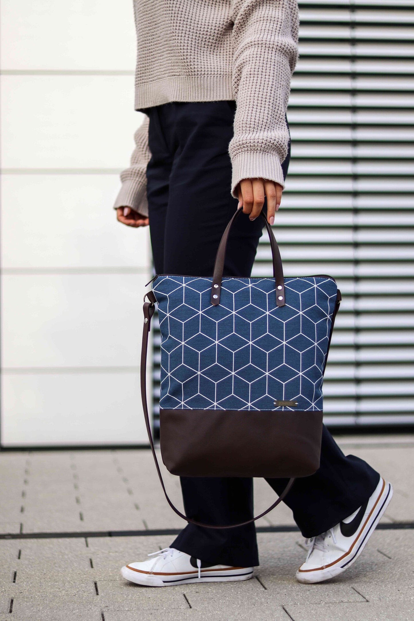 Umhängetasche mit Lederimitat - Berlin Canvas Blau Braun