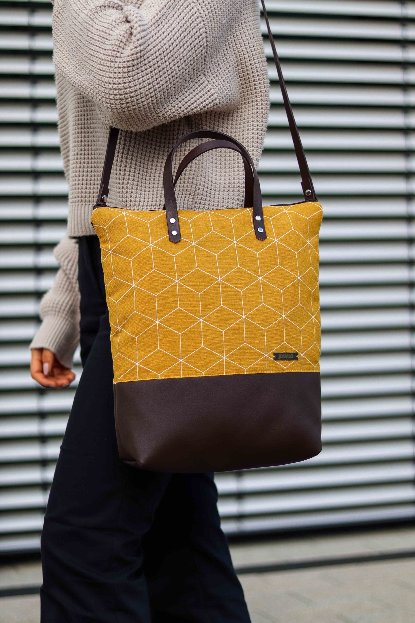 Umhängetasche mit Lederimitat - Berlin Canvas Senf Braun