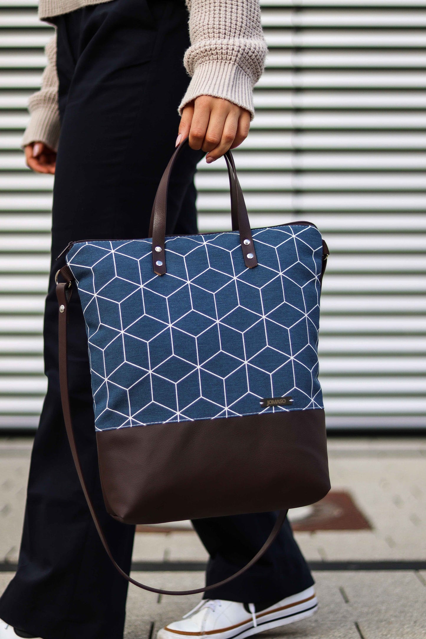Umhängetasche mit Lederimitat - Berlin Canvas Blau Braun