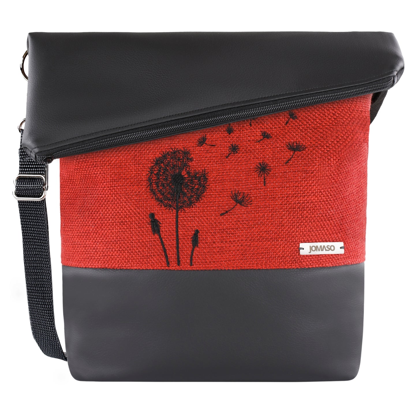 Foldover Umhängetasche mit Lederimitat - Leipzig Pusteblume Rot/Schwarz