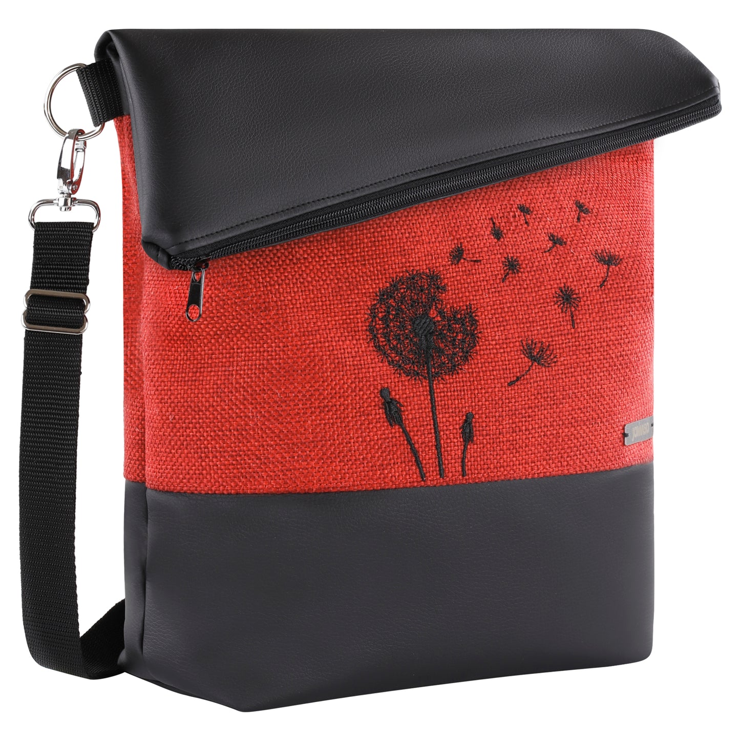 Foldover Umhängetasche mit Lederimitat - Leipzig Pusteblume Rot/Schwarz