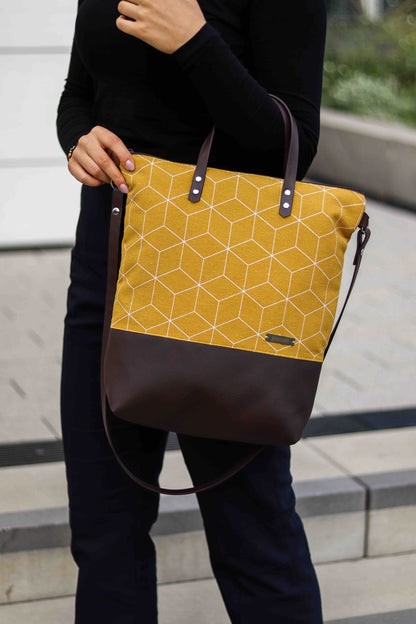 Umhängetasche mit Lederimitat - Berlin Canvas Senf Braun