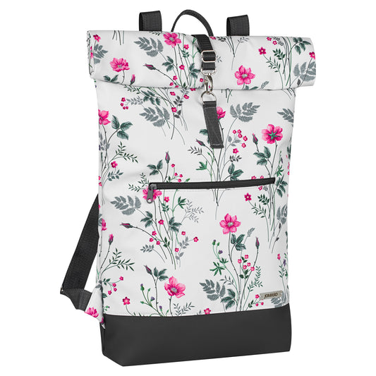 Softshell Rolltop Rucksack mit Lederimitat | Blumen weiß