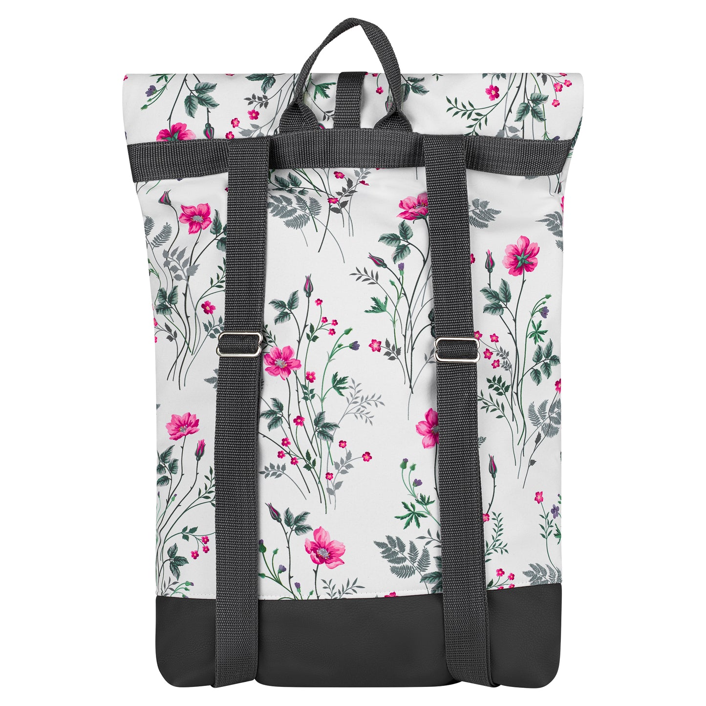 Softshell Rolltop Rucksack mit Lederimitat | Blumen weiß