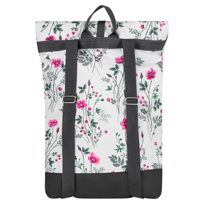 Softshell Rolltop Rucksack mit Lederimitat | Blumen weiß